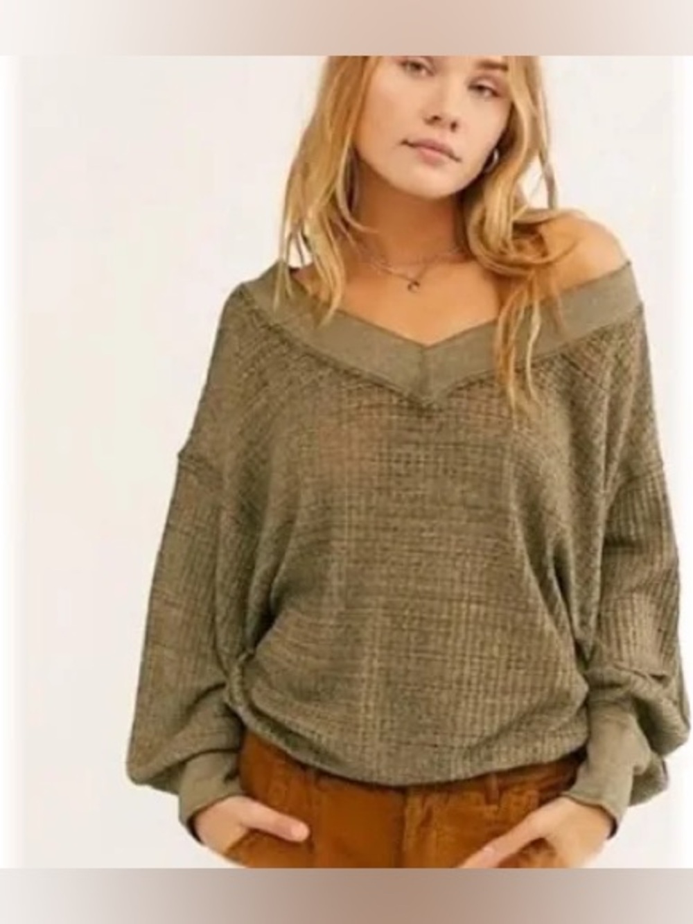 We The Free South Side Thermal Top by Free People in the color "Moss" oversized